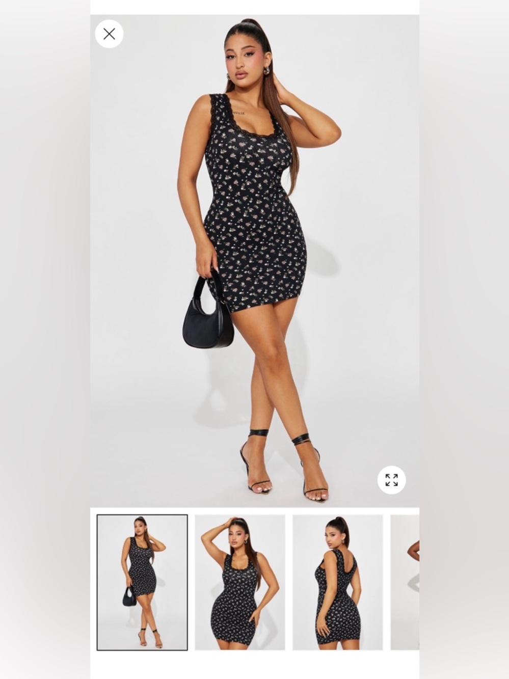 NWOT Floral Black Mini Dress With Lace Detailing